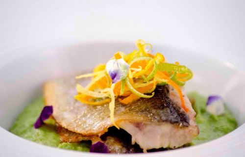 Trancio di branzino con crema di asparagi e agrumi di Sicilia