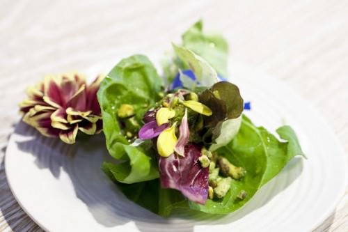 Bouquet di insalate fiorito con crema e granella di pistacchio