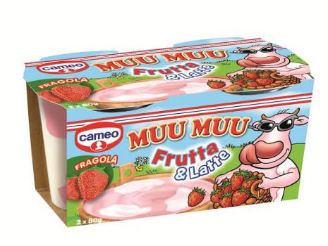 cameo presenta Muu Muu Frutta & Latte: un budino al gusto di pesca o fragola, con macchie al gusto vaniglia