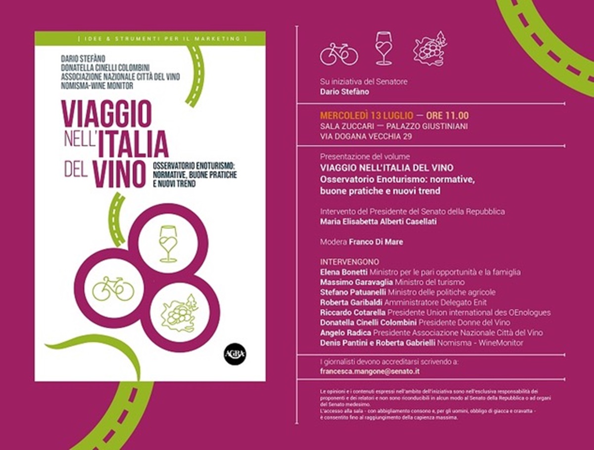 Presentazione del libro “Viaggio nell’Italia del vino Osservatorio Enoturismo: normative, buone pratiche e nuovi trend” il 13 luglio a Roma